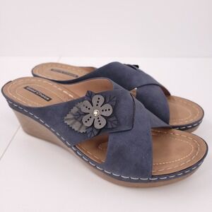Good Choice Selly Wedge Sandals Navy‎ Womens 9.5 Platform Open Toe Flower NEW